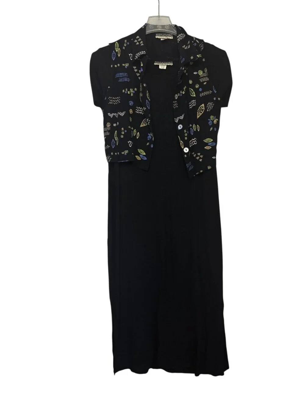 Notations Womens Black Midi Dress With Patterned Button Down Vest Size M - Picture 8 of 14